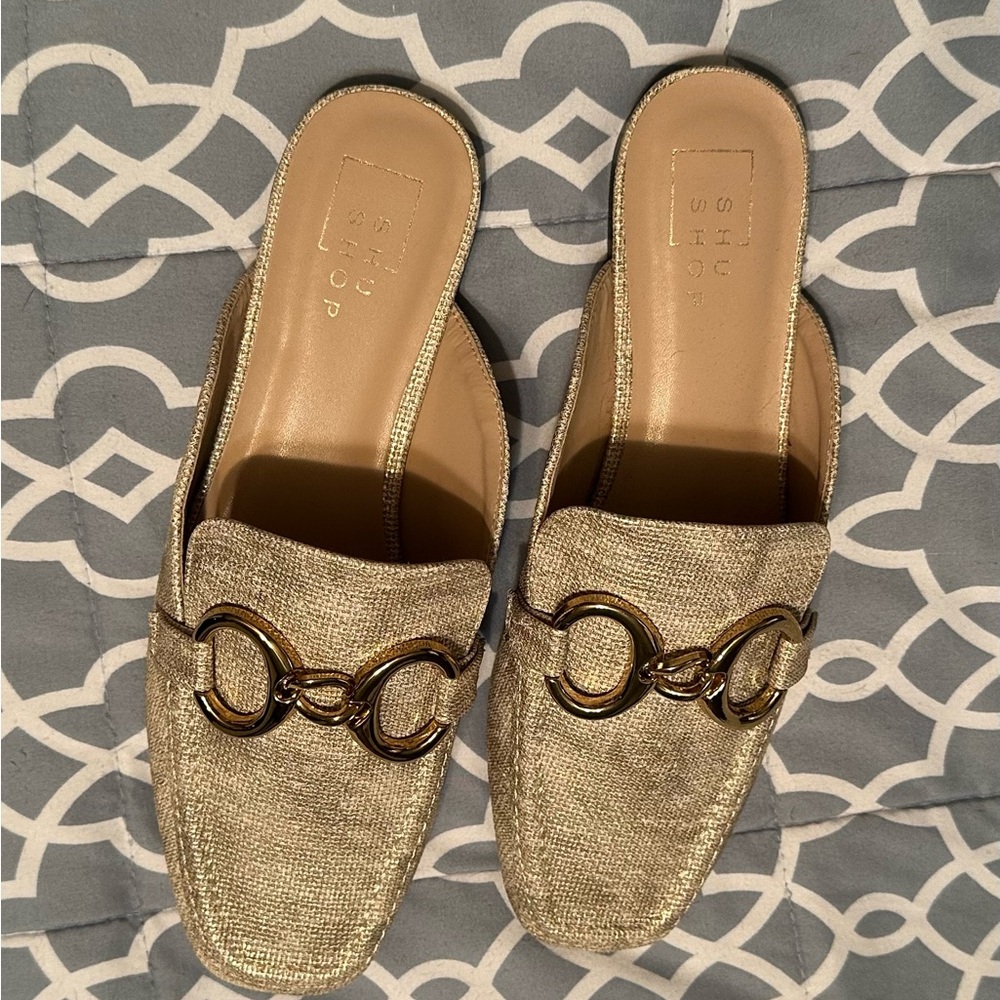 ShuShop Gold Mules with Horsebit Detail
